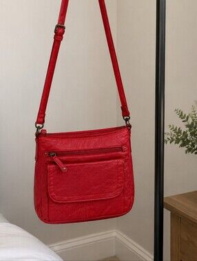 Red Pebbled Leather Crossbody Bag.